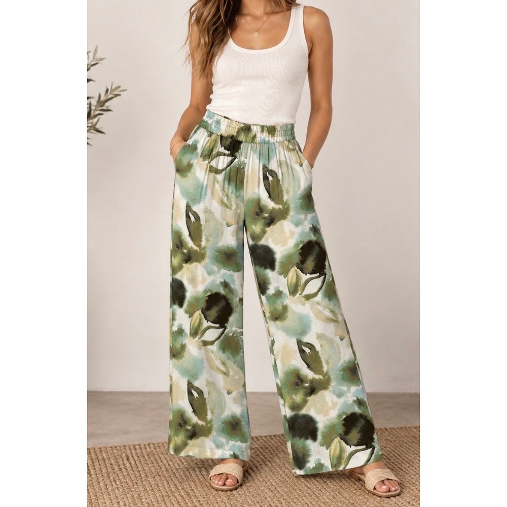 Julia by Love J Medium Watercolor Floral Wide Leg Pants Green Boho Resort